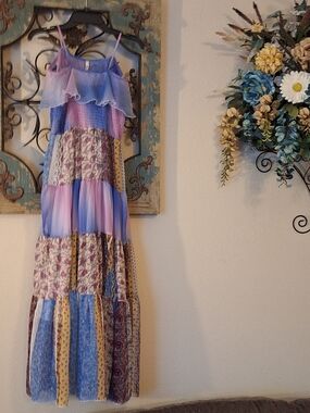BOHO STYLE Pastel Lavender Patchwork Tiered Maxi Dress . Size Small
